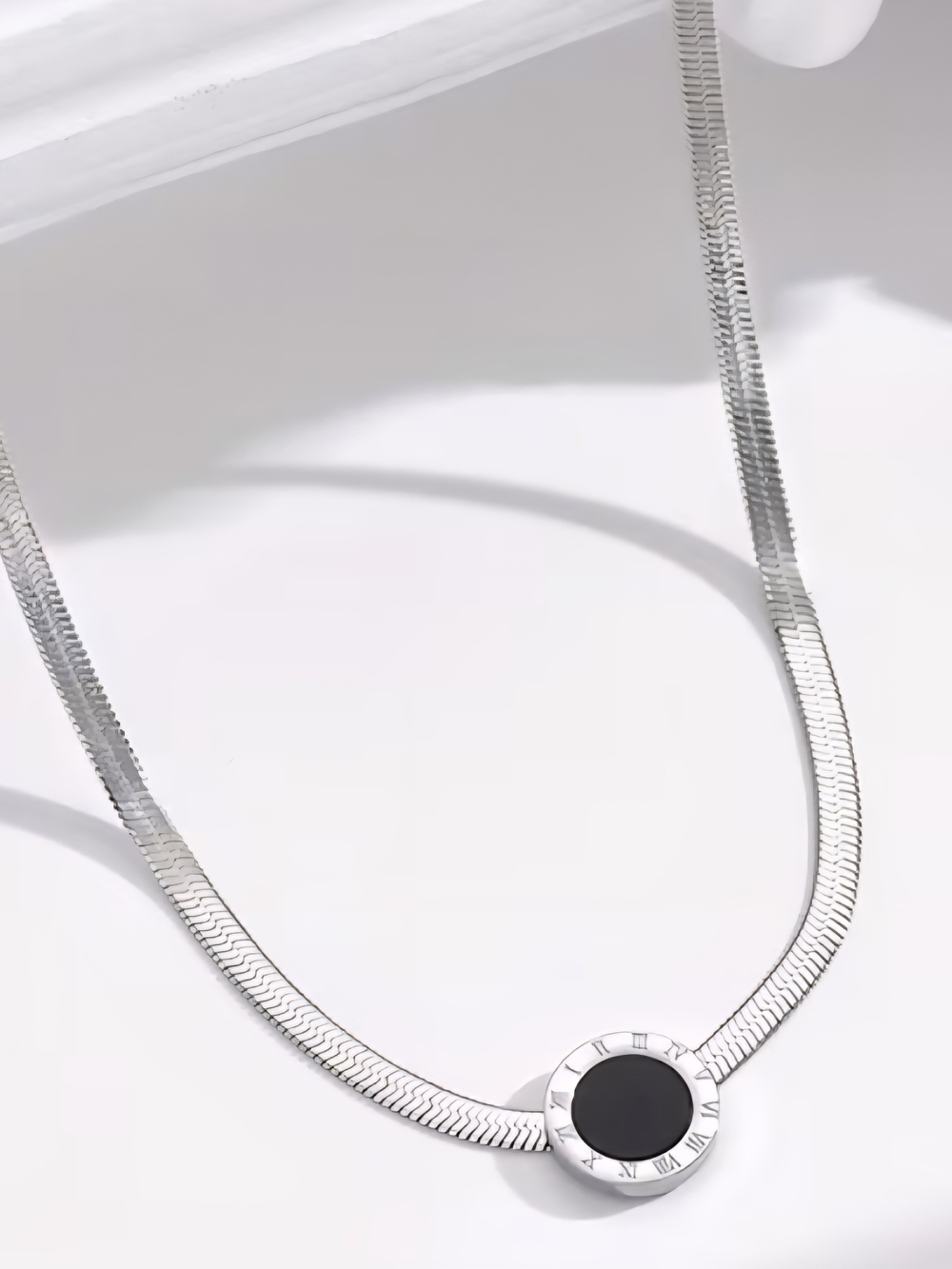 Silver-Tone Black Roman  Pendant Herringbone Necklace